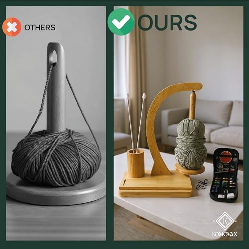 KOMOVAX Wooden Yarn Holder with Sewing Kit & Crochet Ring – Portable Yarn Spinner for Crocheting, Knitting & Yarn Organization – Magnetic Yarn Holder & Yarn Ball Stand – Perfect Gift for Crafters