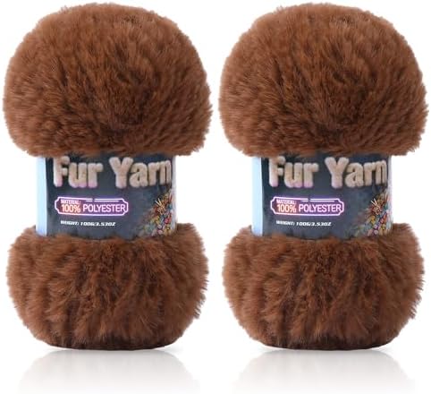 Faux Fur Yarn Soft Fluffy for Crocheting - 2 Skeins(Each 3.5oz/100g, 71yd/65m) - Chunky & Fluffy Yarn for Crochet Amigurumi, Blankets, Hand Knitting, Scarves &Crafts (2, Coffee Brown)