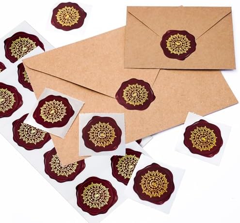 80Pcs Gold Foil Wax Seal Stickers – Vintage Self-Adhesive Labels, Red Faux Wax Stamp Stickers for Envelopes, Wedding Invitations, Scrapbooking, Gift Wrapping, 10 Sheets