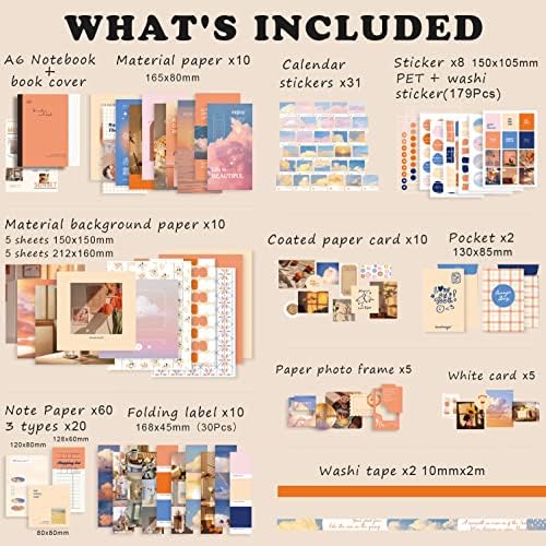 Draupnir Aesthetic Scrapbook Kit(348pcs), Bullet Junk Journal Kit with Journaling/Scrapbooking Supplies, Stationery,A6 Grid Notebook with Graph Ruled Pages DIY Scrapbook Gift for Teen Girl Kid(Sunset)
