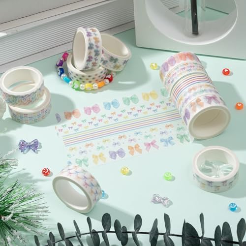 Watercolor Bow Washi Tape - 24 Rolls Colorful Watercolor Bow Pastel Preppy Aesthetic Scrapbook Washi Adhesive Glue Masking Tape Set School Office DIY Craft Scrapbooking Junk Journal Supplies