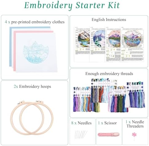 Harimau Adult Beginner Embroidery Starter Kit, Complete Set with 4 Patterns, 2 Hoops, Needles, Scissors, Instruction Guide & Stitching Video Tutorials