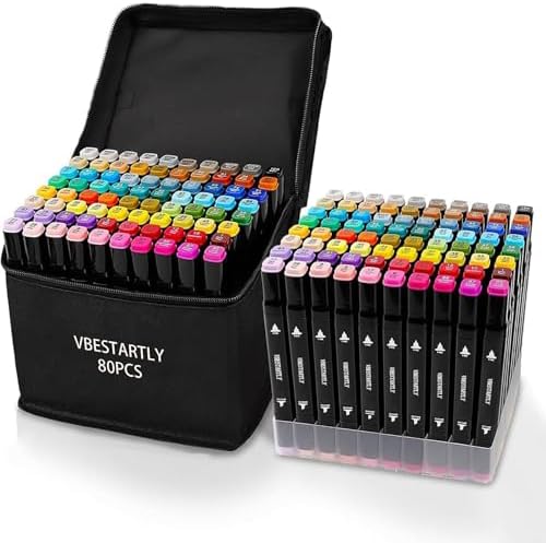 VBESTARTLY 80 Colors Alcohol Markers with Base, Permanent Dual Tip Art Markers for Adults Anime Coloring Sketch Illustrations Pefect for Gift- Refillable