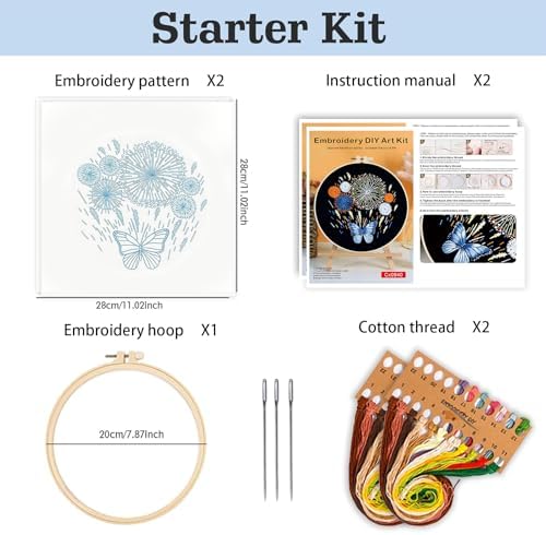 spicssa 2PCS Embroidery Kit for Beginners, Hand Needlepoint Kits for Adults with Pre-Stamped Patterns, 7.8-Inch Hoop, Threads & Needles, Step by Step Instructions