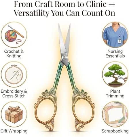 Crochet Scissors with Cover – Green Gold Vintage Small Embroidery Scissors, Sharp Craft Scissors for Yarn Thread Sewing Needlework, Cute Butterfly Design Gift for Crocheter Quilter, 4.6 Inch