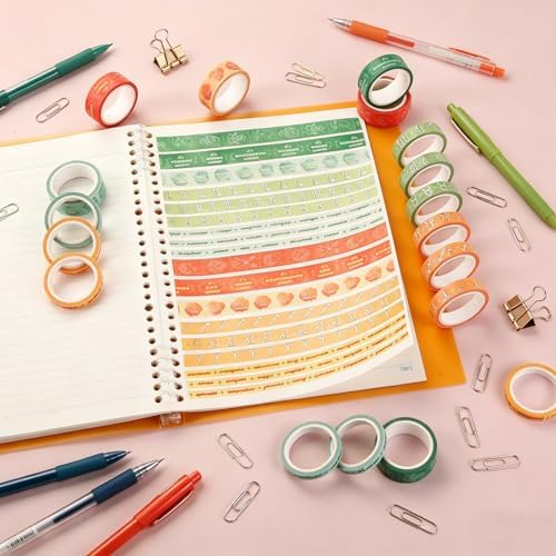 Washi Tape Set of 18 Rolls, Assorted Sizes, Decorative Tape for Journaling, Scrapbook, DIY Décor, Craft Supplies, Gift Wrapping, Metallic Foil, Celestial Orange and Green