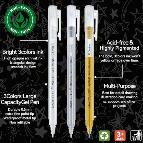 MARTCOLOR Gold Silver White Gel Pens, 3 Pack 0.5mm Fine Point Gel ink Pens