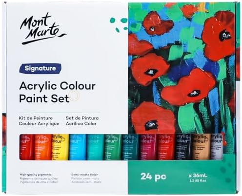 Mont Marte Acrylic Paint Set 24 Colours 36ml 2 PACK, Perfect for Canvas, Wood, Fabric, Leather, Cardboard, Paper, MDF and Crafts