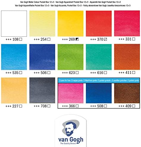 Van Gogh Watercolor Paint Set, Plastic Pocketbox, 12-Half Pan + 3-Half Pan Bonus General Selection