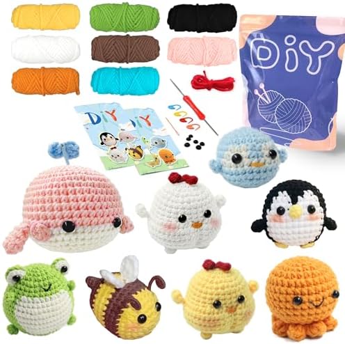 YAMAXIN Crochet Set for Beginners,for Complete Adults, Animal Crochet Hook Set for Beginners, Crochet Knitting Set with Video (8pcs Octopuses, Chickens, Frogs, Penguins, Whales, Bees)