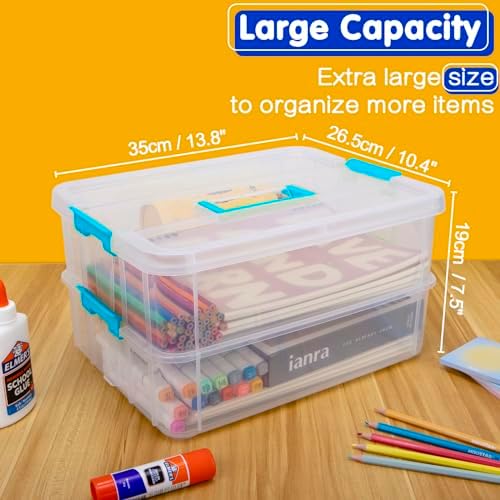 TERGOO 2 Layer Plastic Storage Containers with Lids, Multipurpose Clear Stack & Carry Box, Portable Craft Organizers and Storage Bin for Organizing Art & Craft, Sewing, Makeup, Nail Supplies (Blue)
