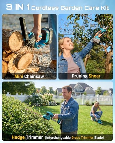 SEESII 4-in-1 Electric Mini Chainsaw, Battery Hedge Trimmer & Pruner Combo | Hand Pruning Shears with 2× Rechargeable 4000mAh Batteries, Grass Shear, Garden Tool Kit for Tree Trimming & Branch Cutting