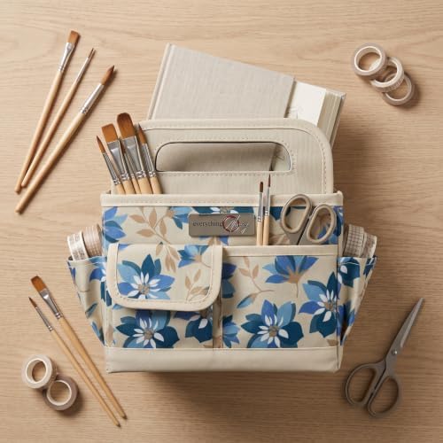 Everything Mary Desktop Tote Organizer – Tan Floral Craft Bag – Portable Storage for Art Supplies, Sewing, Scrapbooking, DIY Tools & Creative Project Organization