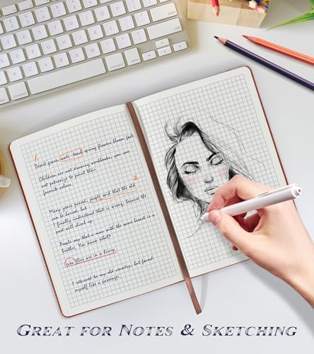 Biuwory A5 Hardcover Graph Paper Notebook, Grid Leather Journal for Writing | 140 Quad Ruled Grid Pages Vintage Diary, 5.7"×8.3" Travel Notebook for Work, School, Women & Men
