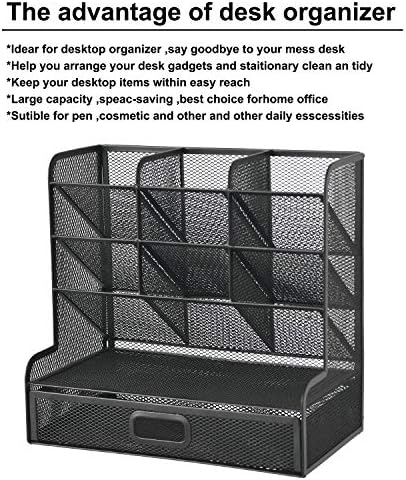Marbrasse Mesh Pen Holder for Desk, Multi-Functional Pencil Organizer with Drawer, Desk Organizers and Accessories for Office Art Supplies (Large Black)