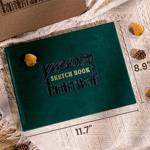 CAGIE Sketch Book for Drawing, 185 GSM Leather Sketchbook 12" x 9", Green
