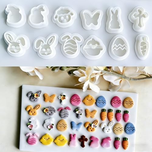 12 Pcs Easter Polymer Clay Cutters Set - Cute Bunny, Egg, Chick & Butterfly Clay Cutters for Polymer Clay Jewelry Making, Earring & Craft Supplies