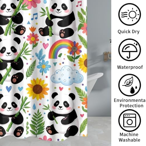 Cartoon Animal Baby Panda Shower Curtain Sets 4 Piece,Kawii Spring Forest Rainbow Bathroom Decor Sets with Rugs,Aesthetics Flowers Bamboo Leaves Waterproof Toilet Lid Cover Bath Mat