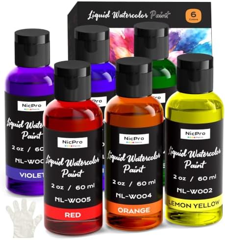 Nicpro 6 Colors Liquid Watercolor Paint Set, 2 oz Concentrated Water Color