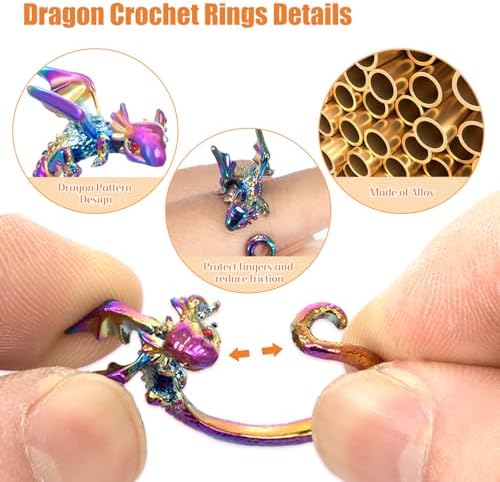 HUISUYTON 4PCS Adjustable Dragon Crochet Tension Ring for Finger(Colorful)
