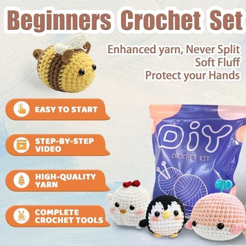 YAMAXIN Crochet Kit for Beginners Adults – 4PCS Animal Amigurumi Yarn Craft Kit with Hooks, Tools & Video Tutorials – DIY Crochet Starter Set (Chick, Whale, Penguin, Bee)