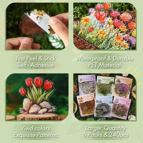 Transparent Flower Stickers for Scrapbooking - 240 Pcs Aesthetic Botanical & Floral Stickers for Scrapbook Supplies, Junk Journal Supplies, Card Making and DIY Craft