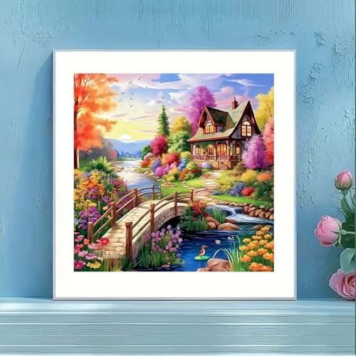 House Diamond Art Painting Kits for Adults,Stream Landscape 5D Round Full Drill Diamond Art Kits for Adults,DIY Flower Diamond Dot Painting Gem Art Kits for Adult,Home Wall Decor 13.79 X 13.79Inch
