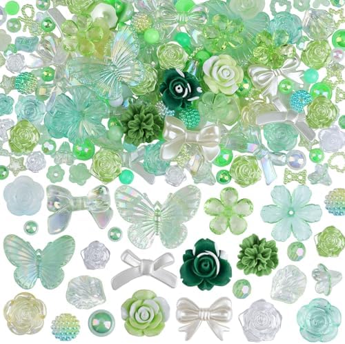350 Pieces 3D Resin ABS Colorful Rose Flower Bows Butterfly Charms with Flatback Half Round Pearl Beads for Bracelet Earring Necklace Craft DIY Making Supplies
