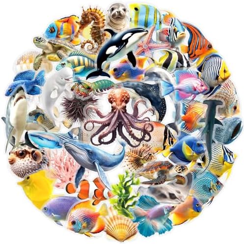 50 Pcs PET Transparent Underwater World Stickers, Waterproof Vinyl Marine Life Decals for Laptop Skateboard Luggage, Colorful Ocean Creature Stickers Gift for Kids Teens Adults(The Underwater World)