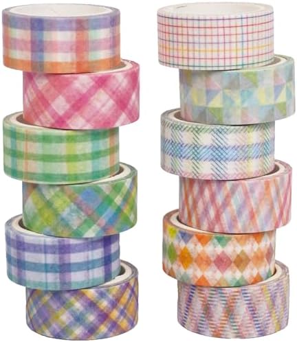 Basic Grid Washi Tape Set 12 Rolls Plaid Decorative Masking Tapes for Arts, DIY Crafts, Journals, Planners, Scrapbook, Wrapping (Colored)