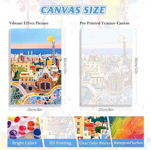 KEYIFA Paint by Numbers for Adults on Framed Canvas - with Wooden Easel, Park Güell Painting by Number Kit for Beginners, DIY Barcelona Acrylic Paint-by-Number Kits for Home Wall Decor (8x12 inch)