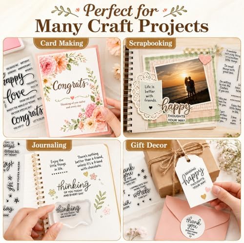 Outus 4 Pcs Clear Sentiment Stamps for Crafts, Silicone Words,Classic | Blessing Set for Card Making Scrapbooking, Photo Album Decoration, Acrylic Block Compatible, DIY Sentiments Phrases Design