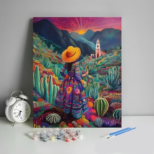 HULDFRDA Adult Paint by Number Kits on Canvas, Mexican Woman Paint by Numbers Kit, Mexican Cactus Painting by Numbers for Adults,Color by Numbers Canvas Art Decor, 16 x20 Inch