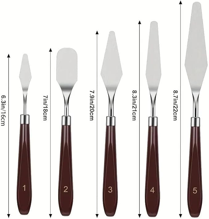 PUFUAII 5 PCS Painting Knives Stainless Steel Spatula Palette Knife Oil Painting Accessories Color Mixing Set for Oil, Canvas, Acrylic Painting (drak brown)
