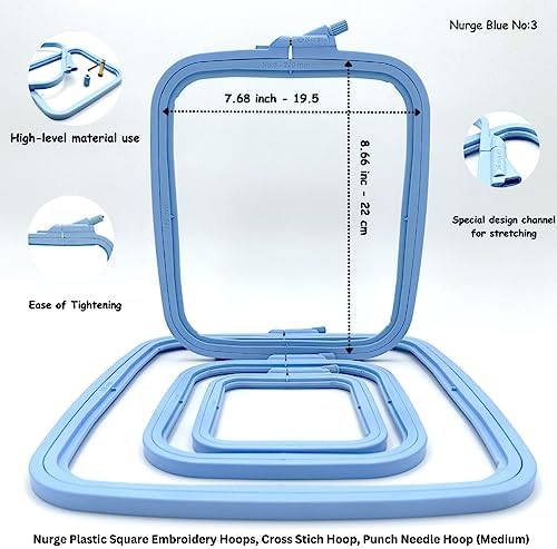 Nurge Square Embroidery Hoop - Plastic Cross Stitch Frame for Needlepoint & Embroidery - Adjustable Craft Hoop - Blue - No:3 (Medium)