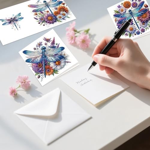 Diamond Art Cards with Envelopes–6PCS DIY Diamond Painting Greeting Cards Kit | Card Making Kit with Bling for Adults & Beginners | Birthday,Holiday & Thank You Cards (Flower Dragonfly)