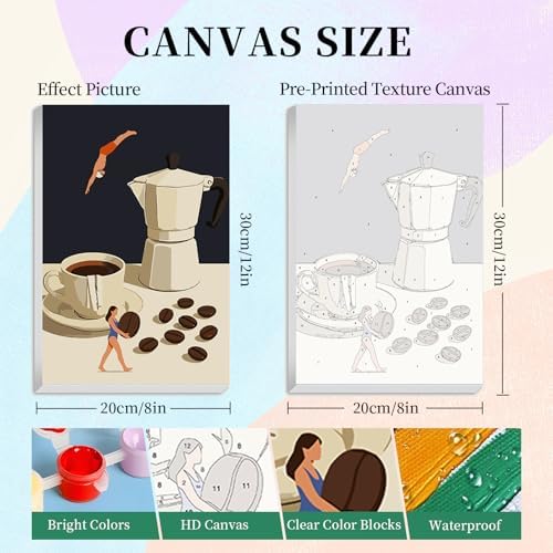 Camocin 4 Pack Framed Paint by Numbers Kit for Adults with Wooden Easel | Funny Coffee Artwork, DIY Canvas Painting Set, Kitchen Coffee Bar Decor, Minimalist Style, Beginner Friendly, 8x12 Inch