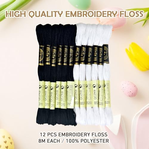 Premium Rainbow Color Embroidery Floss - Cross Stitch Threads - Friendship Bracelets Floss - Crafts Floss - 12 Skeins Per Pack Embroidery Floss,White Black