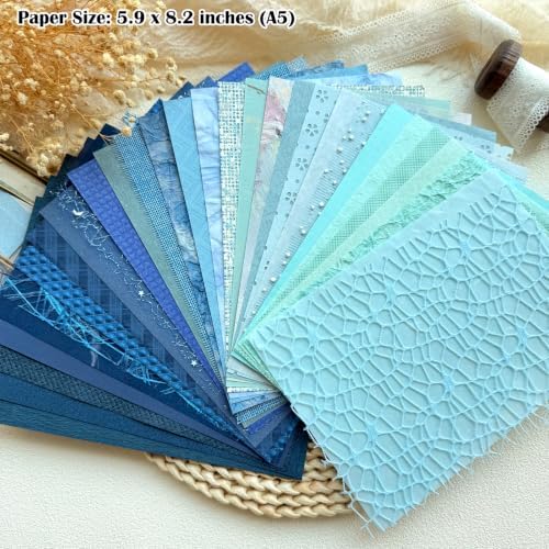 30 Sheets A5 Ocean Blue Textured Scrapbook Paper & Mesh Fabric Set