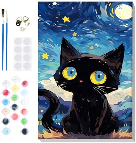 Bowetile Starry Night Cat Paint by Numbers for Adults Beginners Framed, Easy Adults' Paint-by-Number Kits, Adult Paint by Number Kits on Canvas, Acrylic Number Painting for Home Decor, 8x12in