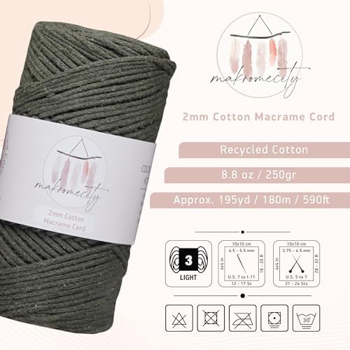 Makromecity, Cotton Macrame Cord 2mm x 195 Yards (590 feet) 2mm Recycled Cotton Crochet Yarn for Macrame Art & Crafts for Wall Hangings, Bags, Underplate, Rug (25 Colors Available) (Olive Drab)