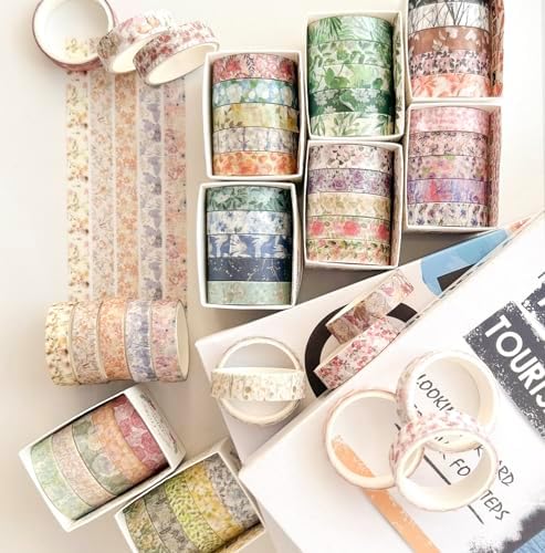 Flowers Washi Tape Set 60 Rolls Floral Patterns Decorative Skinny Blooms Masking Tapes for Arts, DIY Crafts, Journals, Planners, Scrapbook, Wrapping (Spring)