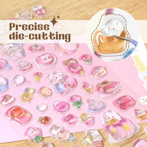 Cute 3D Relief Epoxy Stickers, Pink Dessert Chef Theme Glitter Stickers, Kawaii Bunny Bear Puffy Stickers for Scrapbooking, Journal, Water Bottle, Phone Case, DIY Crafts, Gifts