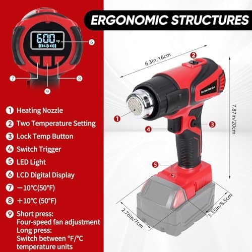 Cordless Heat Gun Compatible with Milwaukee m18 Battery 350W Fast Heating 120℉–1112℉ Variable Temperature LCD Display Portable Hot Air Gun 4 Nozzles for Crafts, DIY (Tool Only, Not Made by Milwaukee)