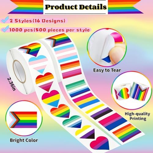 Pride Stickers 1000 PCS, Rainbow Heart & Flag LGBTQ Stickers for Transgender, Lesbian, Bi, Gay, Progress Pride, Pride Month,Parade Accessories, 16 Designs (500 Pieces Per Roll)
