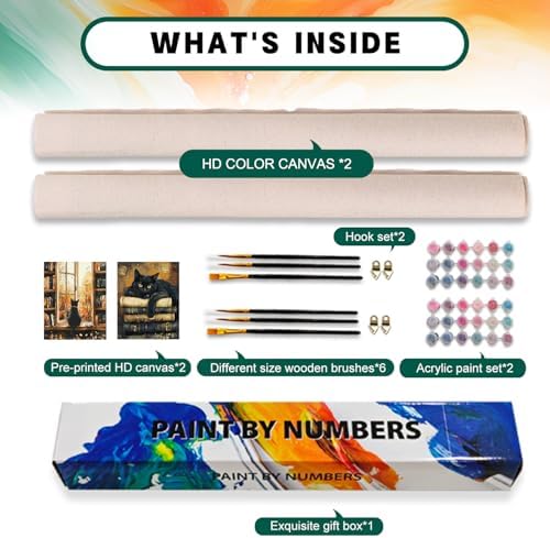 Possoco 2 Pack Paint by Numbers Kit for Adults Beginner, Black Cat Adult Paint by Number Kits on Canvas, DIY Acrylic Vintage Books Number Painting for Adults for Home Decor Gift 16x20 Inch