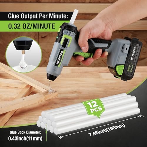 WORKPRO 20V Cordless Hot Melt Glue Gun Kit, 12 Pcs Full Size Glue Sticks