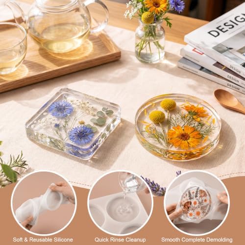 18-Cavity Deep Coaster Resin Molds Silicone Molds for Crafts, 4 Inches Round Squares Octagon Epoxy Resin Molds for DIY Art Flower Preservation