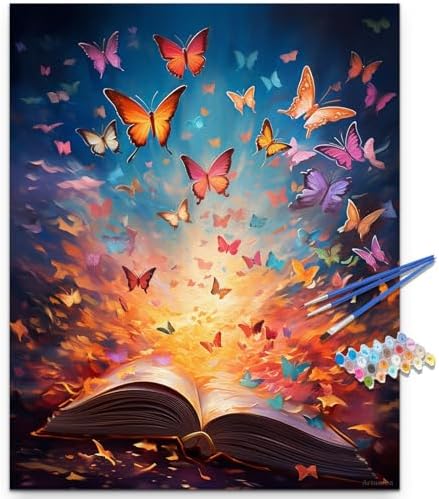 Artunion Book Theme Paint by Numbers Kit for Adults,Butterfly Paint by Number Kits, DIY Oil Painting Paint by Number Kits on Canvas Arts Craft for Home Wall Decor 16x20 Inch