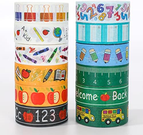 Whaline 12 Rolls Back to School Washi Tape Colorful Welcome Back to School Washi Masking Tape School Bus Ruler Crayon Decorative Paper Stickers for Scrapbook Gift Wrapping DIY Art Crafts